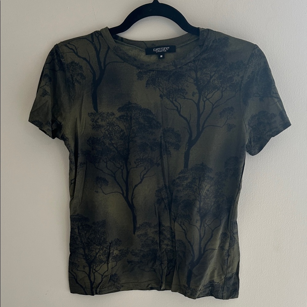 Karen Kane Olive Green and Black Short Sleeve Tree Print Tee